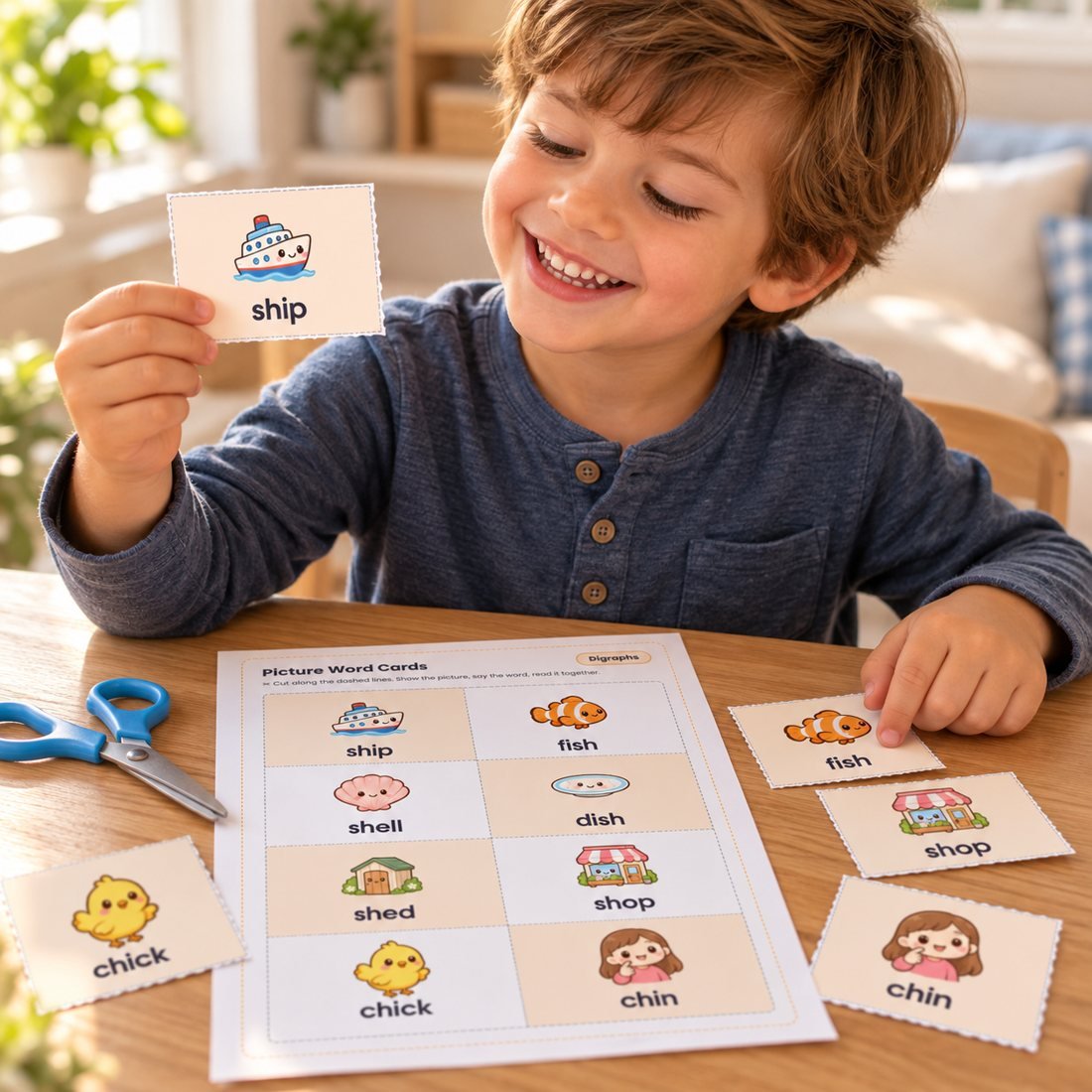 Boy holding a picture word card