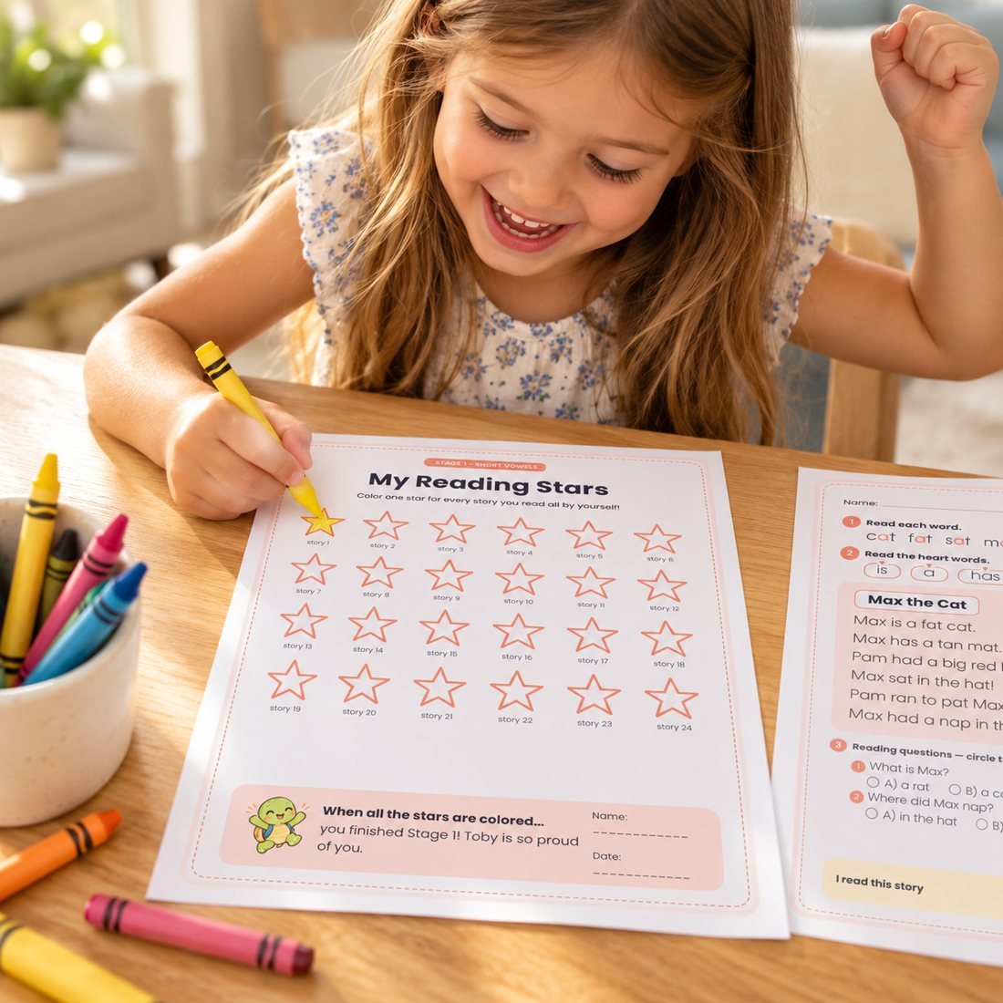 Girl coloring a star on her reading chart