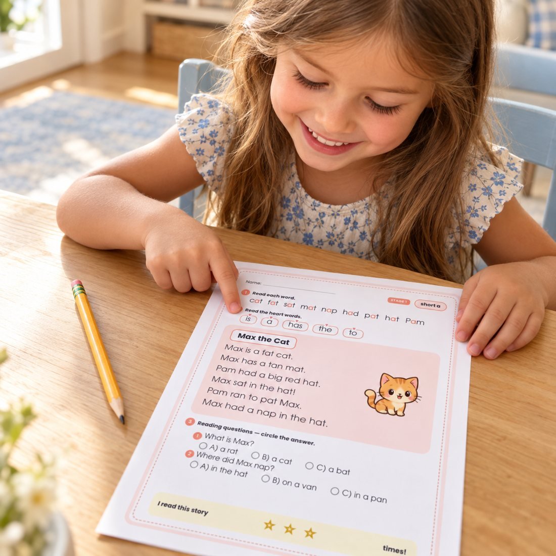 A little girl pointing at the words on a StoryStep decodable reader page