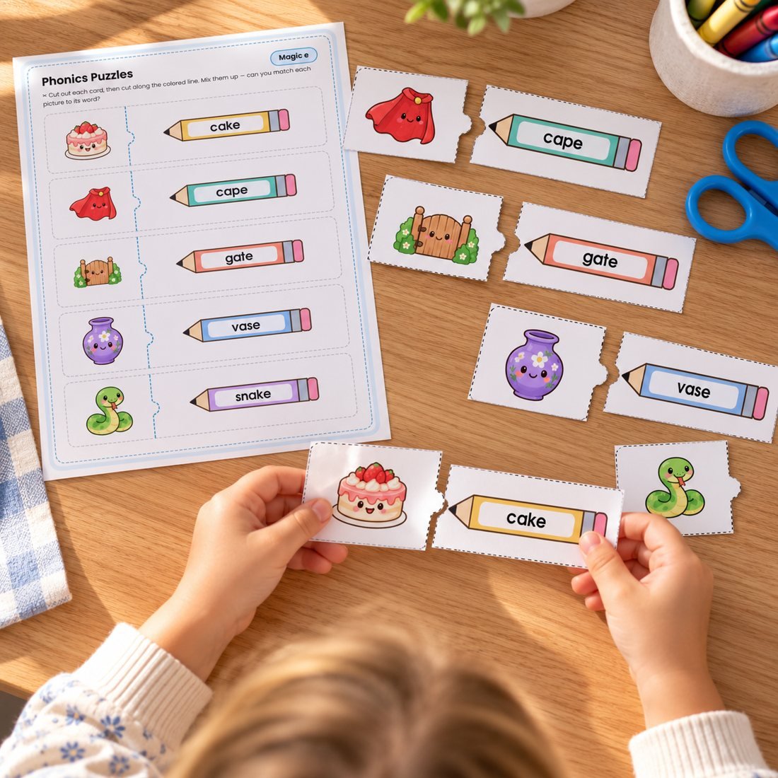 Child matching phonics puzzle pieces