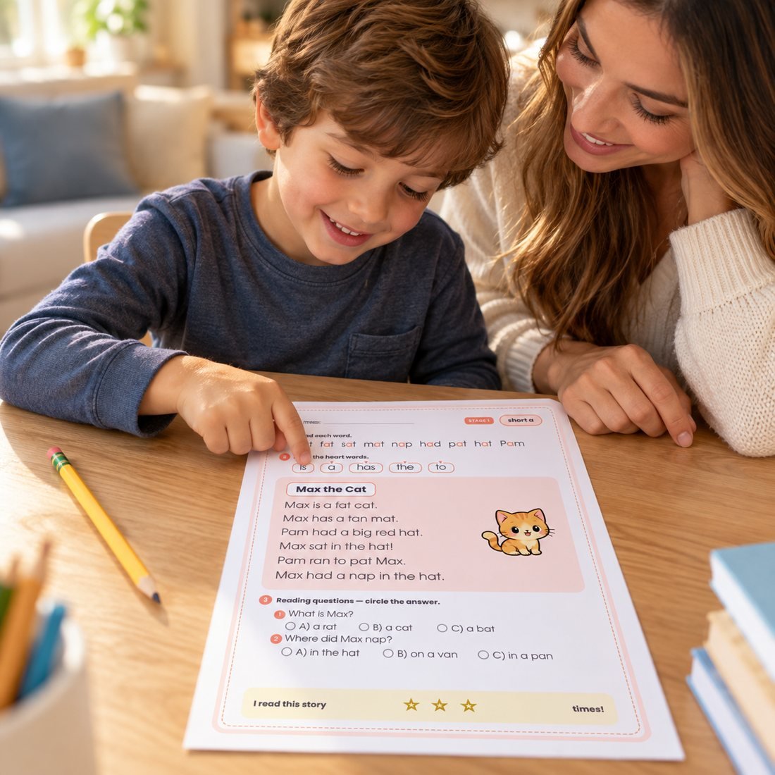 Mom and son reading a StoryStep story together